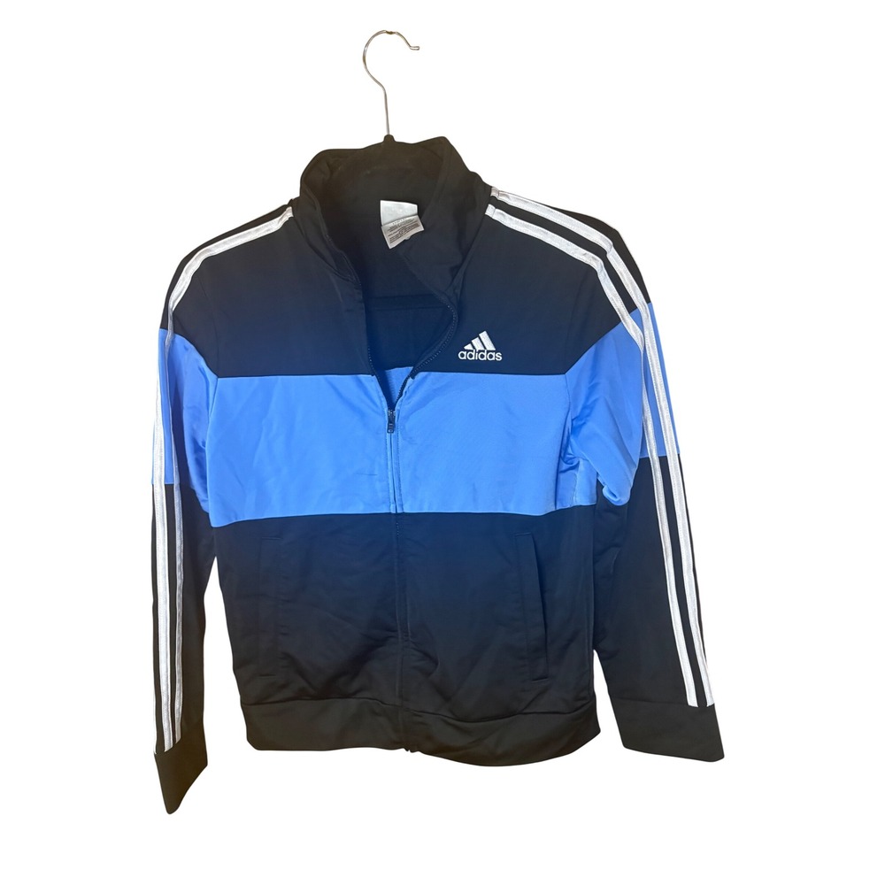 Adidas Kids Track Jacket Black Blue Colorblock Full Zip 3 Stripe Size 10/12